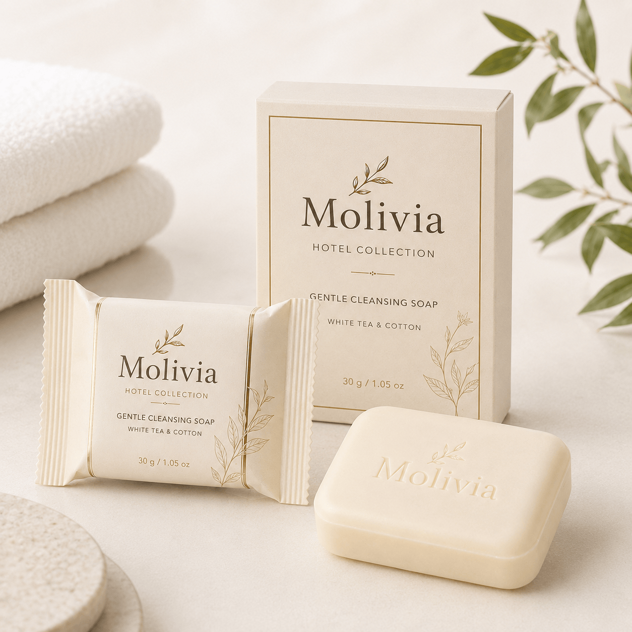 Molivia White Tea & Cotton Hotel Soap Multi‑size 12g/15g/20g/30g/40g, Portable Individually Wrapped Soap, Eco‑Friendly Plant‑Based Toilet Bar Soap for Luxury Hotel Amenity m h 002