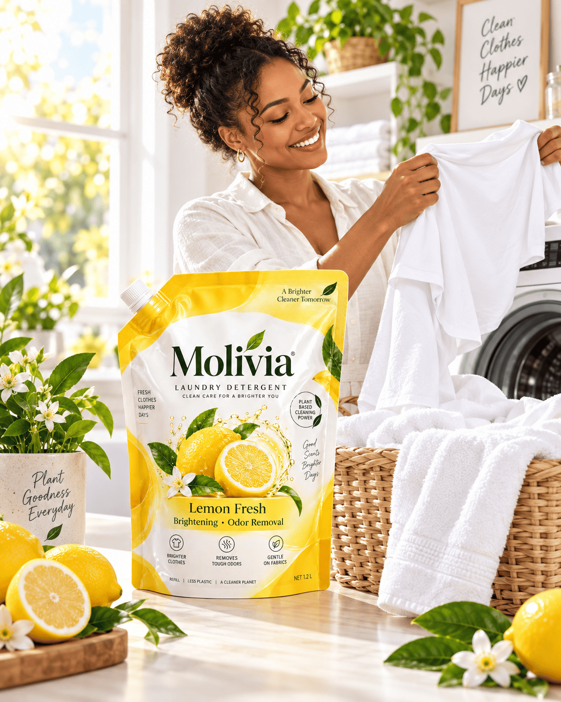Molivia Lemon Fresh Laundry Detergent 1.2L Refill Pouch, Plant Based Cleaning Power, Active Enzymes Deep Stain Removal, Brightening Clothes, Low Foam & Gentle Formula m ld 013