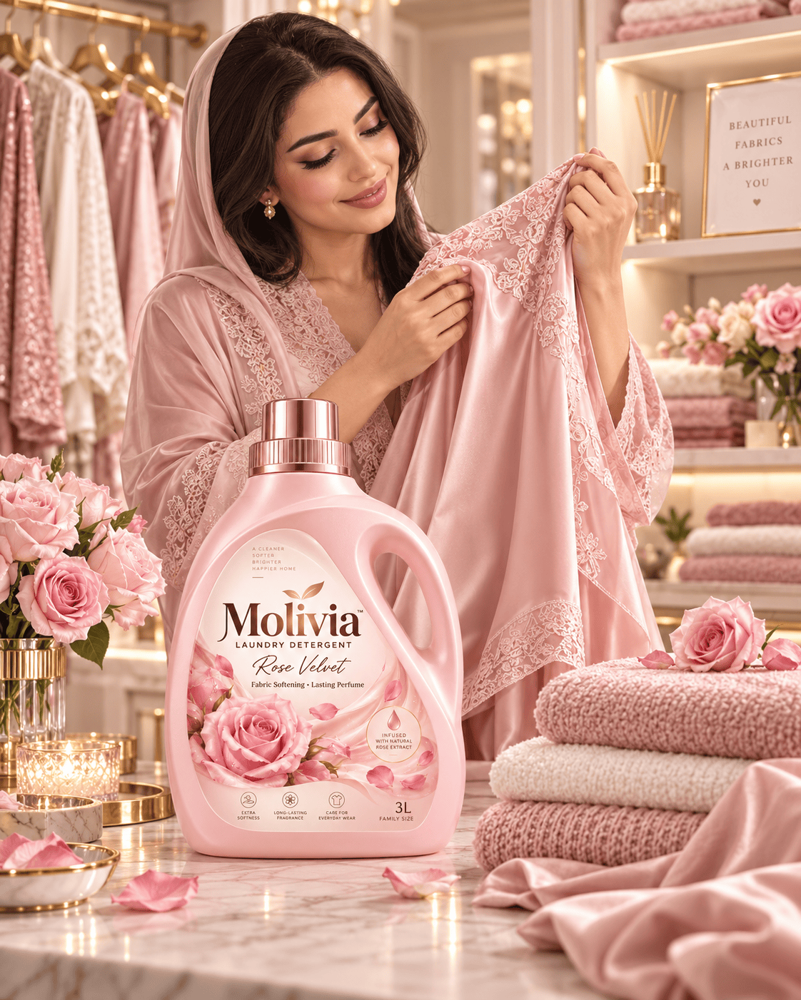 Molivia Rose Velvet Laundry Detergent 3L Family Size Bottle, Infused with Natural Rose Extract, Gentle Formula for Silk & Special Fabrics, Fabric Softening & Long Lasting Fragrance, Deep Stain Removal Low Foam Laundry Liquid m ld 014