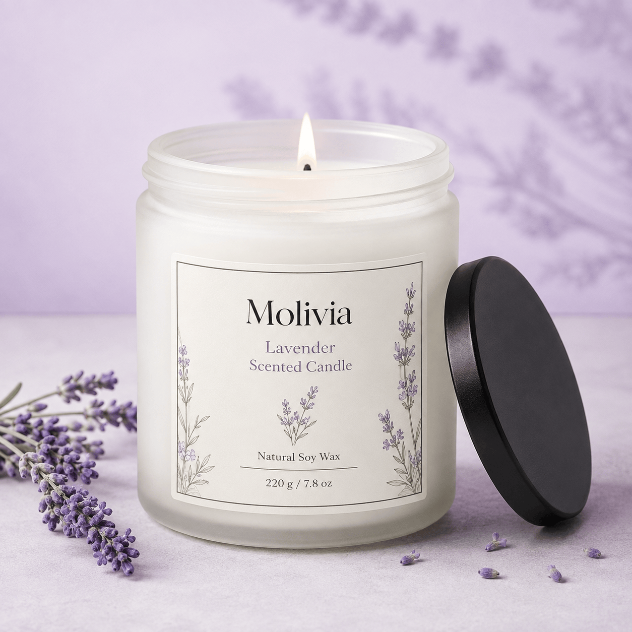 Molivia Lavender Scented Candle 220g/7.8oz, Natural Soy Wax & Cotton Wick, Calming Floral Fragrance, Aromatherapy Candle for Home, Office & Car m sc 004