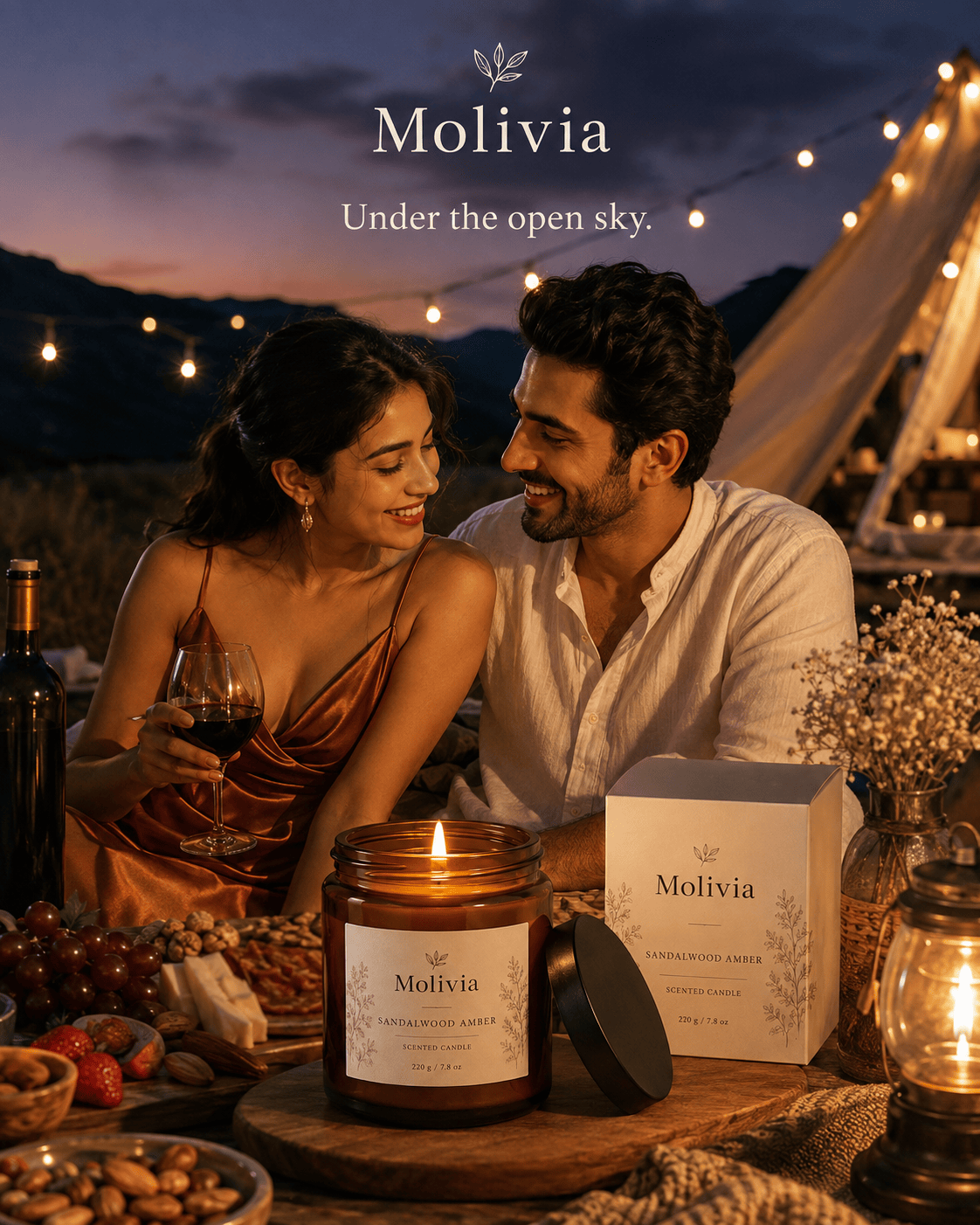 Molivia Sandalwood Amber Scented Candle 220g/7.8oz, Natural Soy Wax & Cotton Wick, Premium Woody Fragrance, Aromatherapy Candle for Home, Office & Car m sc 006