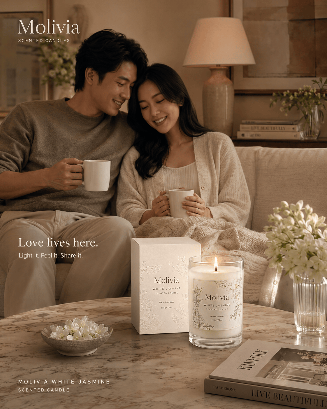 Molivia White Jasmine Scented Candle 220g/7.8oz, Natural Soy Wax & Cotton Wick, Sophisticated Layered Fragrance, Aromatherapy Candle for Home, Office & Car m sc 008
