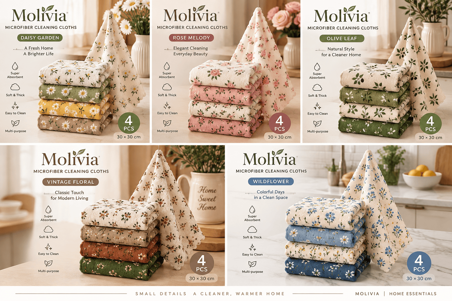 Molivia Retro Floral Kitchen Cleaning Cloth 30×30cm, 4 PCS per Pack, Coral Fleece, Soft & Thick, Highly Absorbent, Easy to Clean, Multi-Color Household Cleaning Towel m t 006