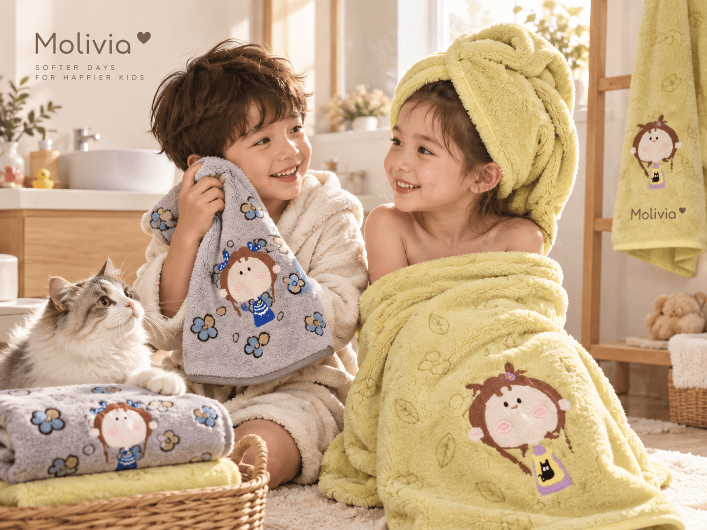 Molivia Kids Embroidered Towel & Bath Towel, Coral Fleece Microfiber, 35×75cm Hand Towel 5 PCS/Set, 70×140cm Bath Towel 3 PCS/Set, Cute Cartoon Embroidery, Soft, Absorbent, Easy to Clean, Durable m t 016