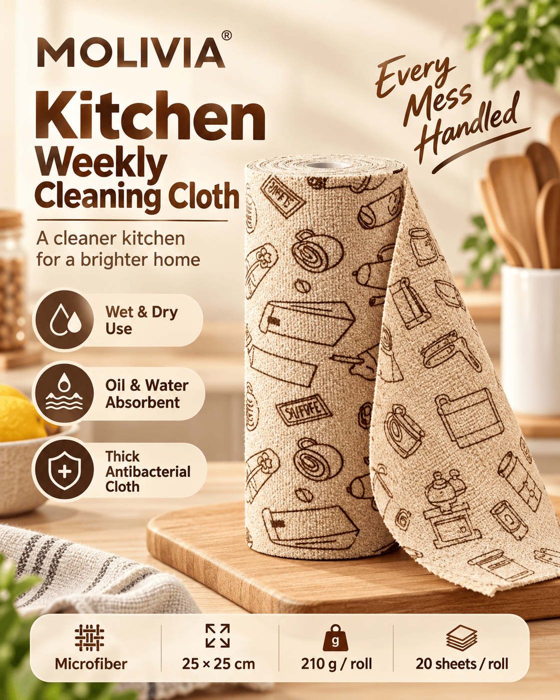 Molivia Weekly Kitchen Cleaning Cloth 25×25cm, 20 Sheets/Roll, Thick Antibacterial Microfiber, Wet & Dry Use, Oil & Water Absorbent, Household Cleaning Towel m t 017