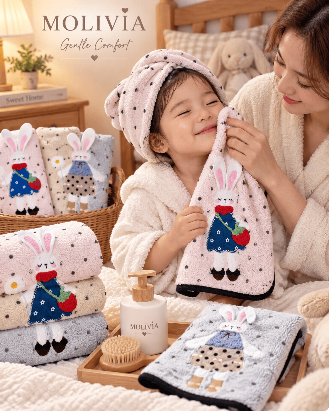 Molivia Polka Dot Bunny Towel 35×75cm, 5 PCS/Set, Coral Fleece with Antibacterial Treatment, High Absorbency, Cartoon Embroidery, Family Face Towel m t 034
