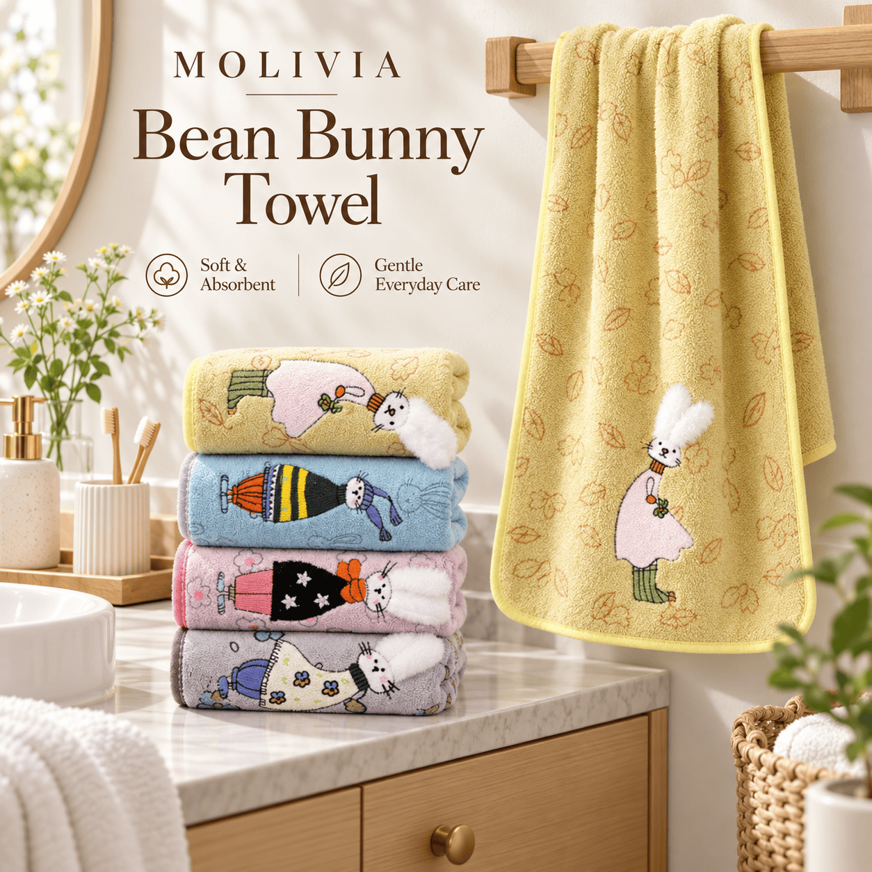 Molivia Bean Bunny Towel 35×75cm, 5 PCS/Set, Coral Fleece, 3D Cartoon Embroidery, High Absorbent Skin-friendly Family Face Towel m t 037