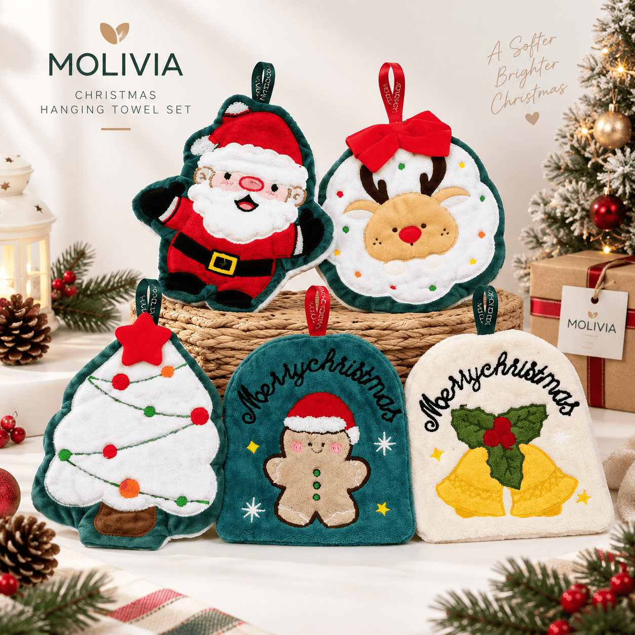 Molivia Christmas Hanging Towel 19×22cm, 31g/pc, 4–5 PCS/Set, Coral Fleece Hand Towel with Loop, Cartoon Christmas Towel for Kitchen & Bathroom m t 038