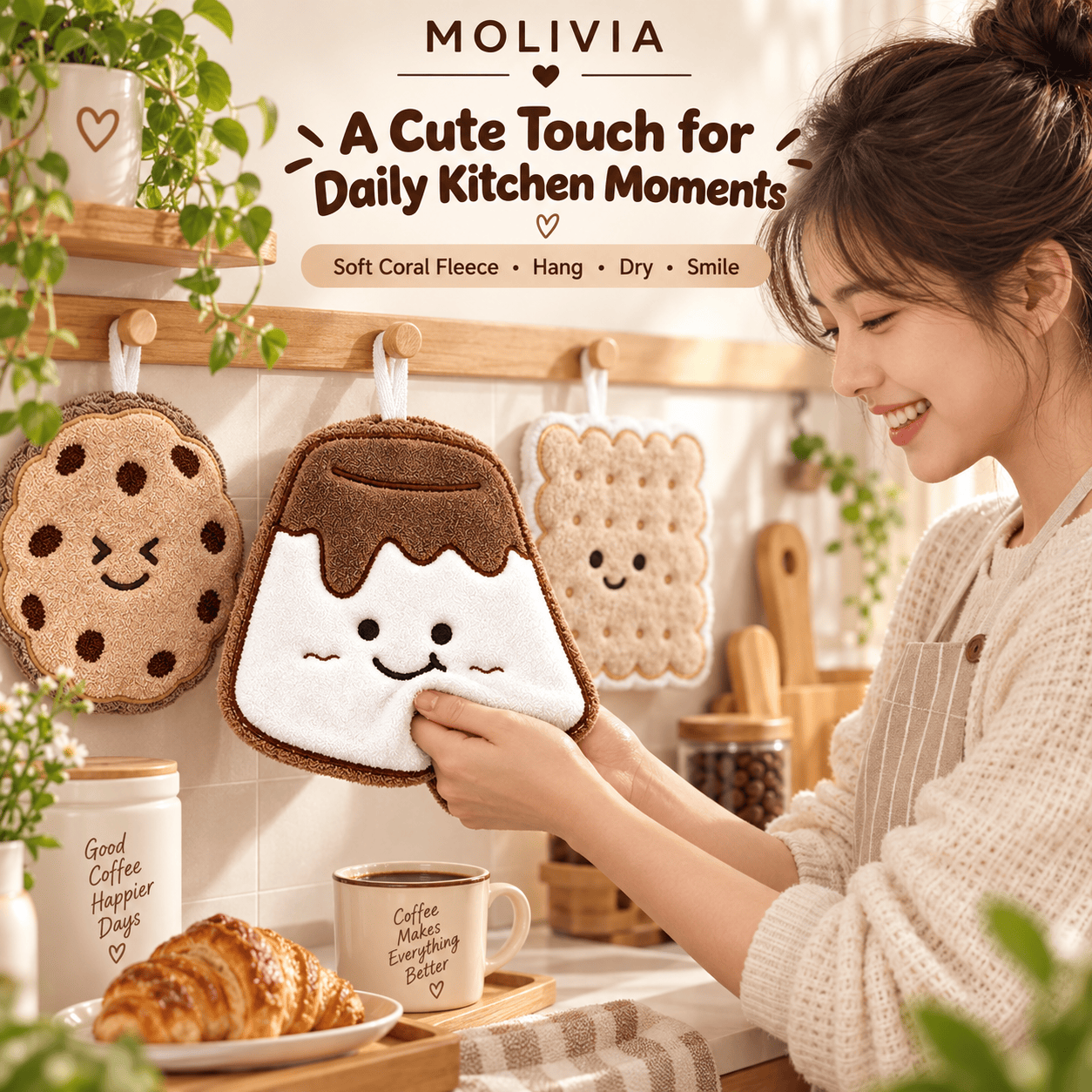 Molivia New Coffee Cup Hanging Towel 19×22cm, 4 PCS/Set, Coral Fleece Double Layer Thickened, Super Absorbent, Hangable Hand Towel for Kitchen & Bathroom m t 047