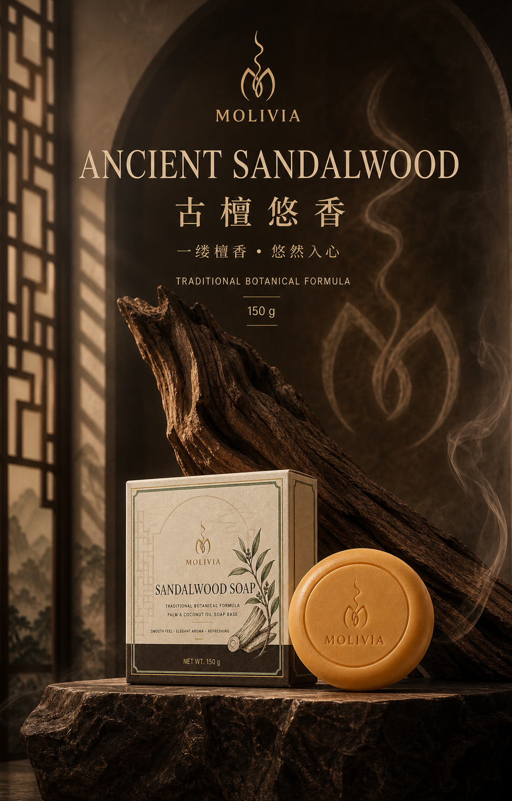 Molivia Sandalwood Soap 150g, Traditional Botanical Formula, Palm & Coconut Oil Soap Base, Elegant Aroma Smooth Refreshing Bath Bar Soap 微信图片 20260825173804 57 36